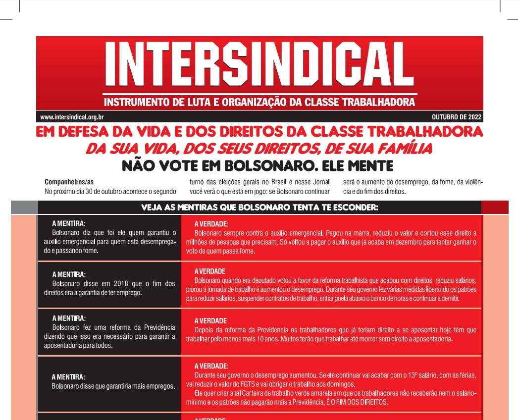 Boletim Informativo da Intersindical com quadro de verdade e mentiras que Bolsonaro tenta esconder