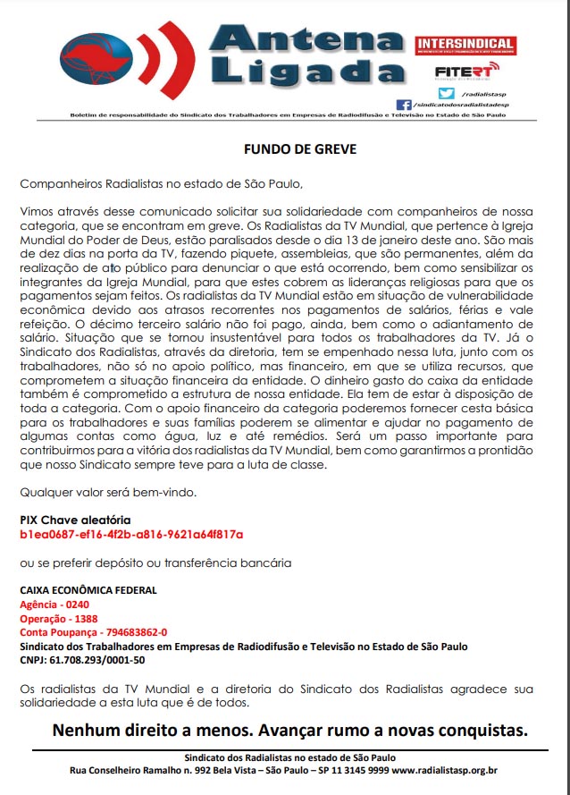 Sindicato lança carta de apoio ao fundo de greve dos trabalhadores da TV Mundial