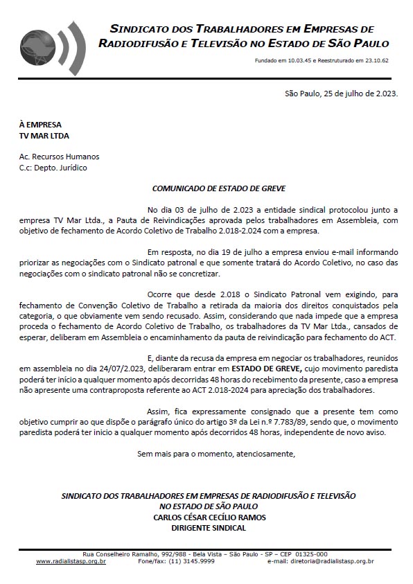 Sindicato protocola documento em que anuncia estado de greve na TV Mar de Santos