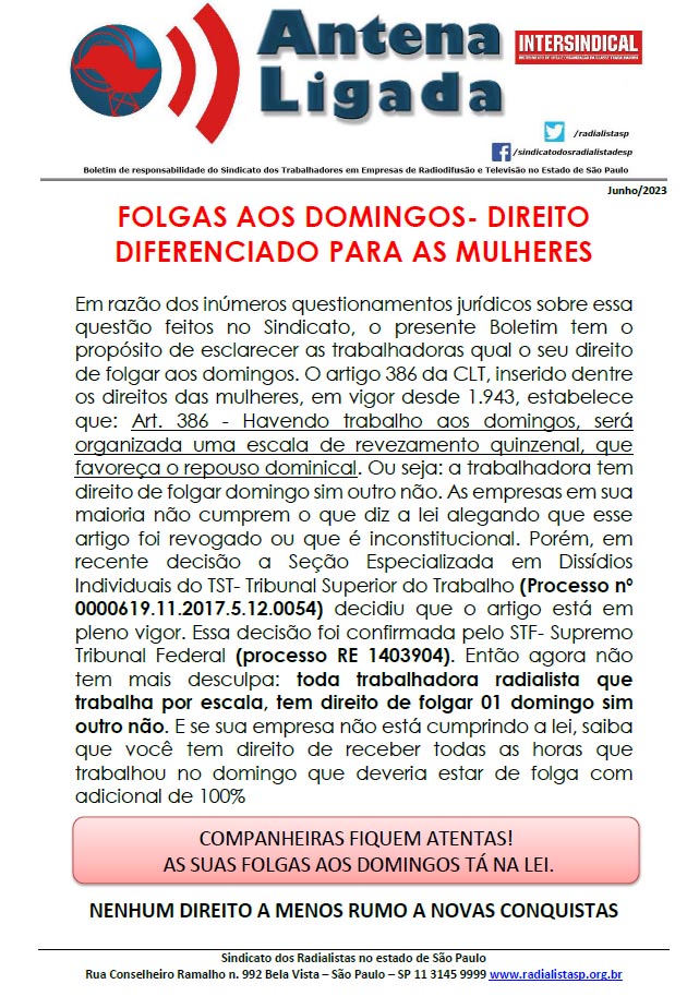 Folgas aos domingos – Direito diferenciado para as mulheres