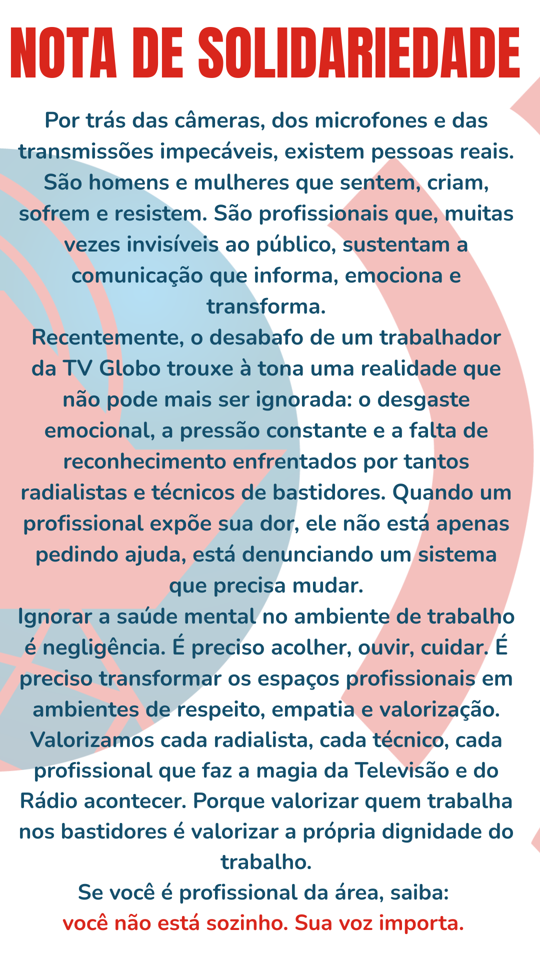 Nota de Solidariedade: Em defesa dos profissionais de Rádio e TV